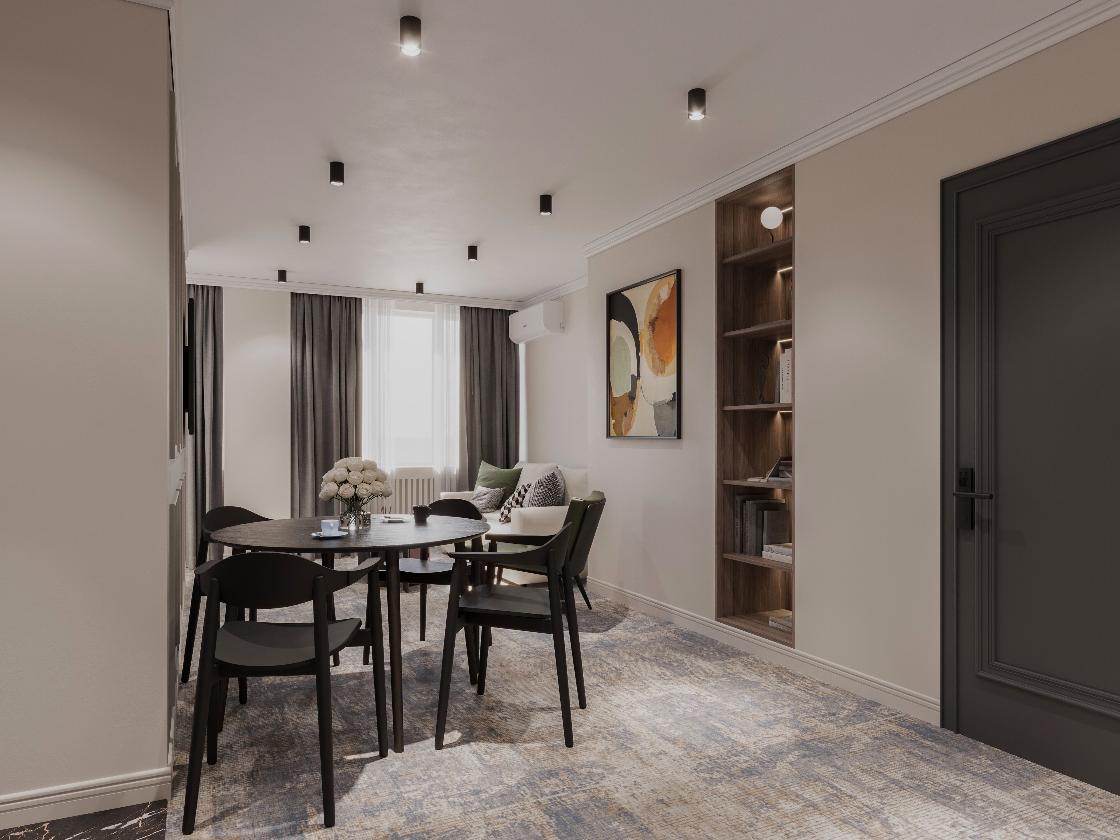 A modern dining area with a round table and chairs, a bookshelf, and a large window with curtains.