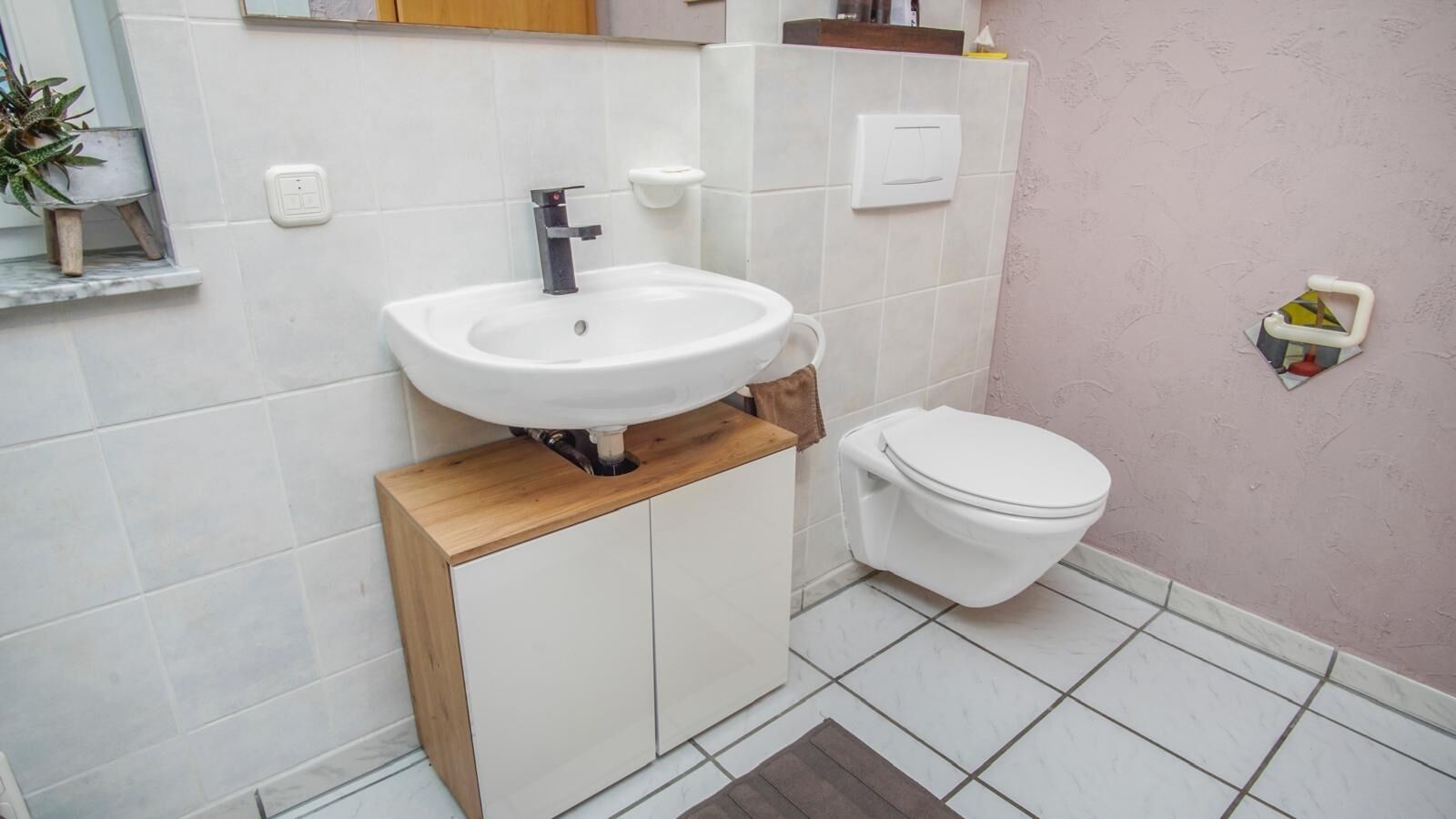 A bathroom with a white sink, a toilet, and a small potted plant on the left.