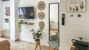 A modern living room with a flat-screen TV, decorative woven plates, a mirror, and a cactus-themed artwork.