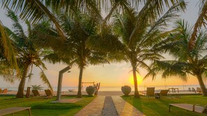 A pathway leading to a beach with palm trees and lounge chairs. - Uppuveli Beach by DSK (Trincomalee)