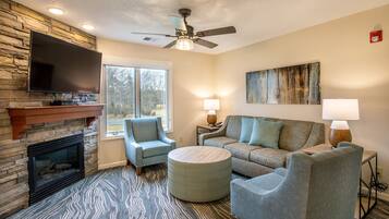 Télévision, cheminée, lecteur de DVD