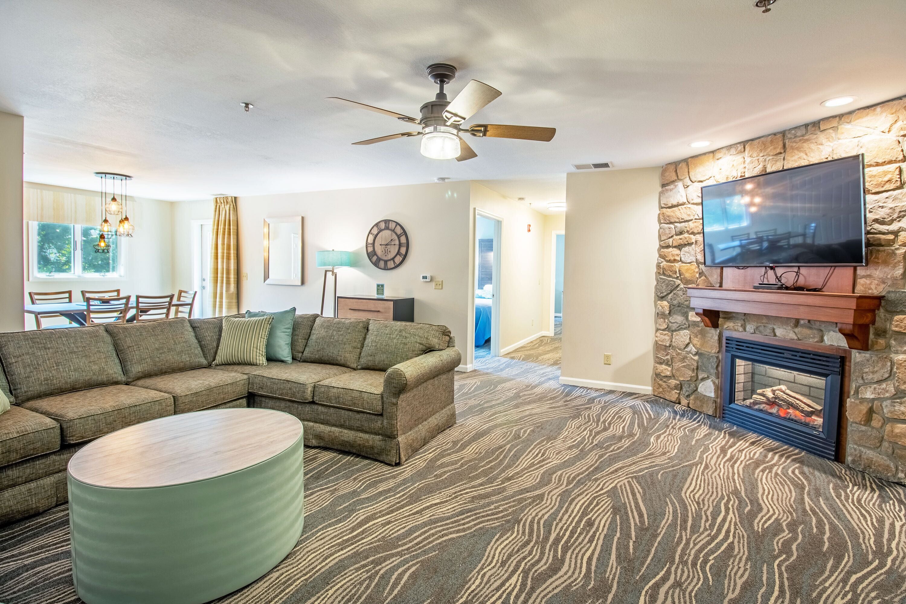 电视、壁炉、DVD 播放器