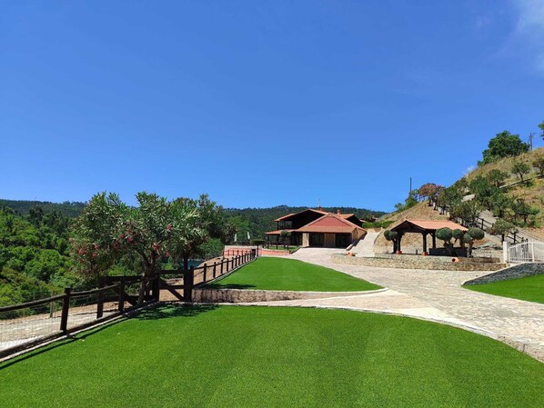 A well-maintained property with a paved driveway leading to a house with a red roof, surrounded by lush greenery and a clear blue sky. - Lake Prestige Villa Castelo Bode - Tomar (Tomr)