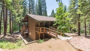 Eine Holzhütte mit einer Veranda und Treppe, umgeben von hohen Bäumen.