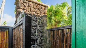 A stone wall with a water feature, surrounded by tropical plants and bamboo fencing.