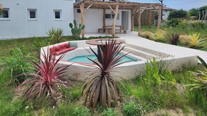 A modern house with a pool, outdoor seating, and a variety of plants.