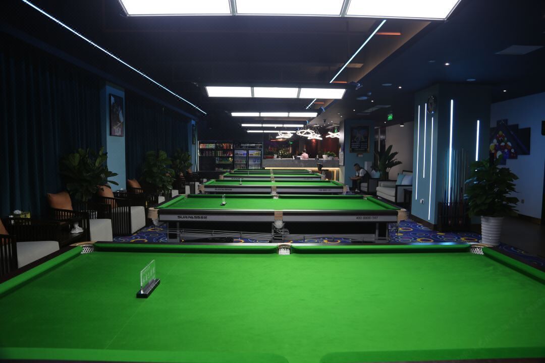 A pool table in a room with multiple tables, potted plants, and a blue carpet.