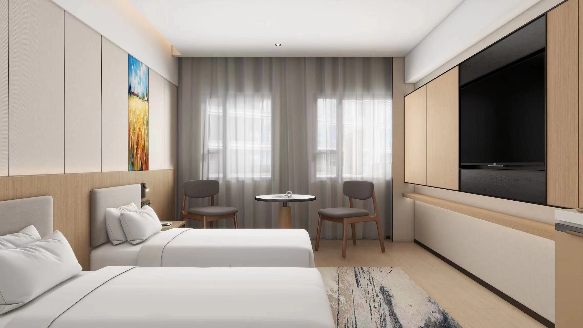 A modern hotel room with two beds, a TV, a small table, and two chairs.