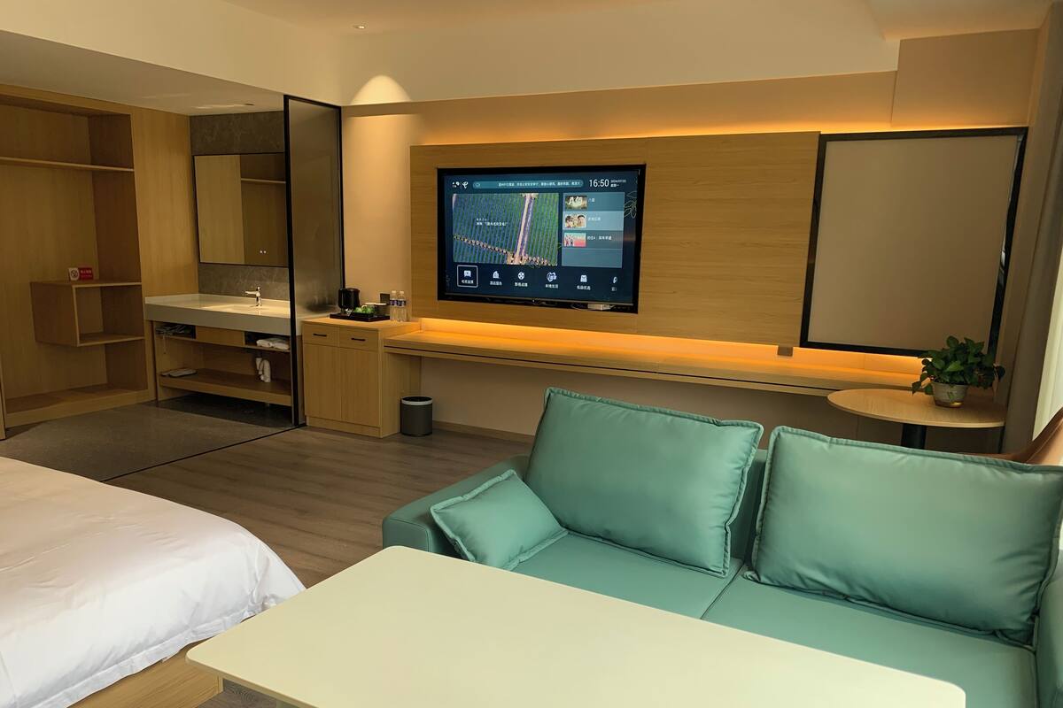 Una habitación de hotel moderna con una cama, un sofá, una mesita, un televisor en la pared, un escritorio y una planta.