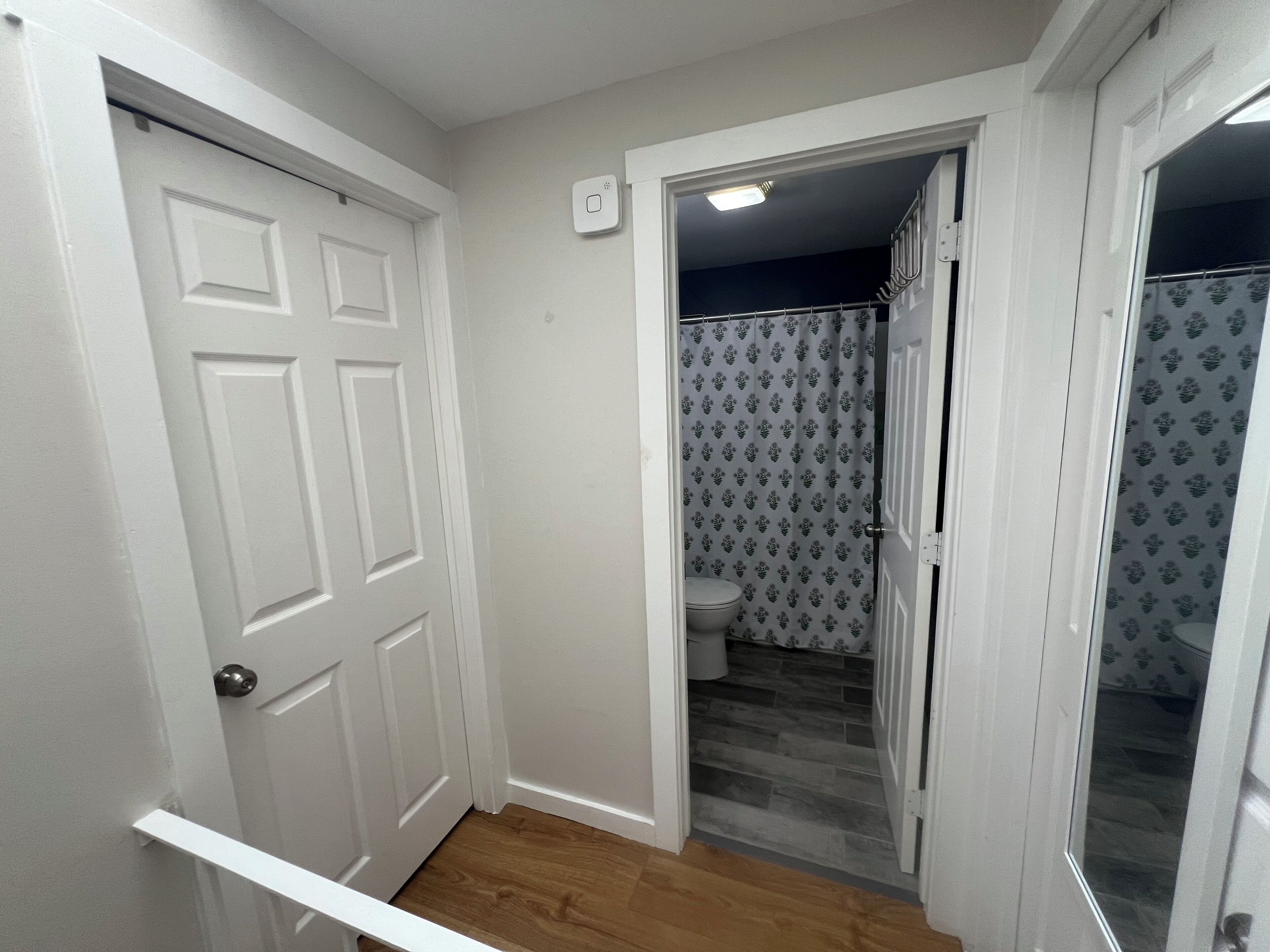 A hallway with a white door, a bathroom with a patterned shower curtain, and a wooden floor.