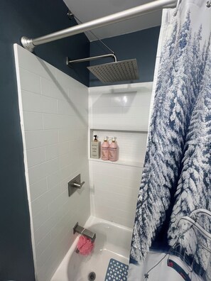 Hair dryer, towels, soap, shampoo