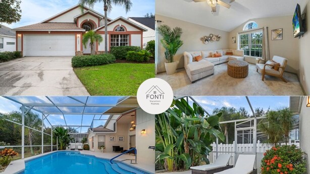 A vacation home with a garage, a living room with a sofa and chairs, a pool area with a covered patio, and a backyard with a fence and plants.
