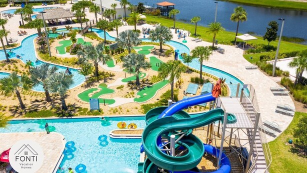 A water park with multiple pools, slides, and a lazy river.