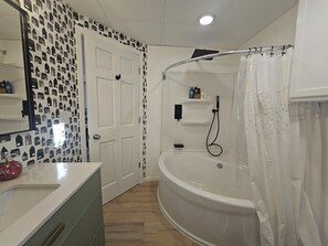 Hair dryer, towels, soap, shampoo
