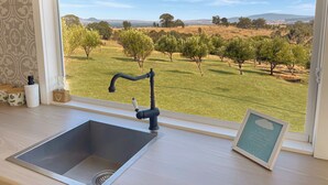 A kitchen with a stainless steel sink, a window with a view of a grassy field and trees, and a framed picture on the windowsill. - Gem View - Tiny home (Barwite)