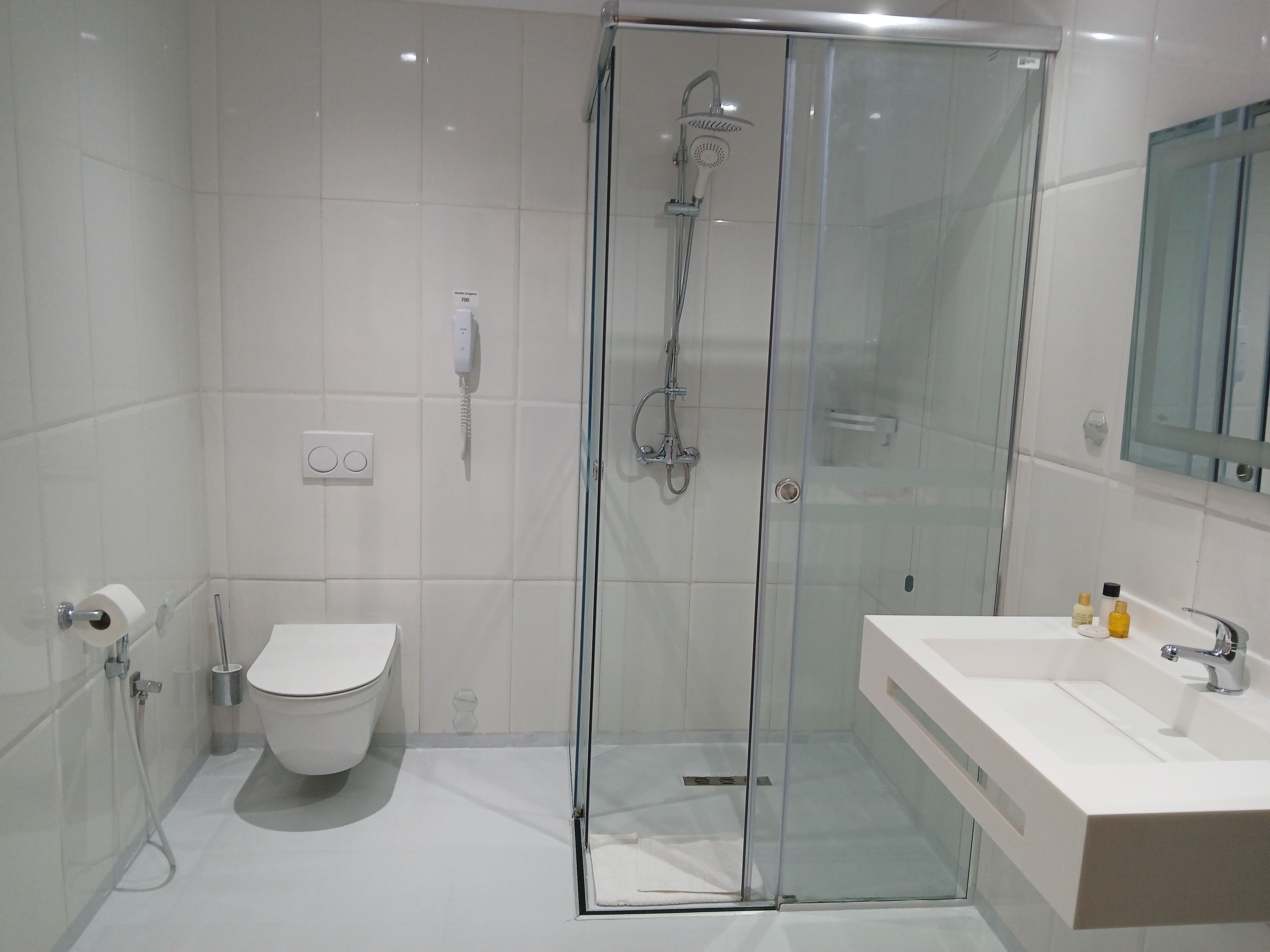 A modern bathroom with a glass-enclosed shower, a toilet, and a sink with a mirror above it.