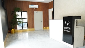 Zona de recepción con mostrador, planta en maceta, puerta y aire acondicionado de pared.