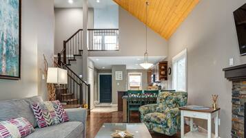 TV connectée, cheminée, livres