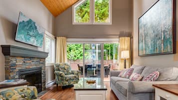 TV connectée, cheminée, livres