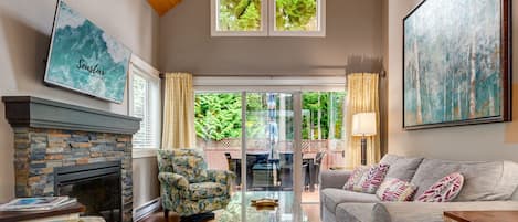 Smart TV, fireplace, books