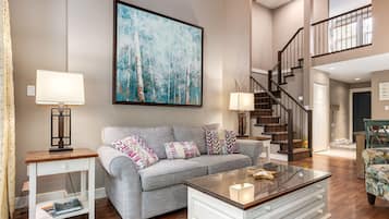 Smart TV, fireplace, books