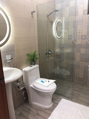 Shower, hair dryer, towels, soap