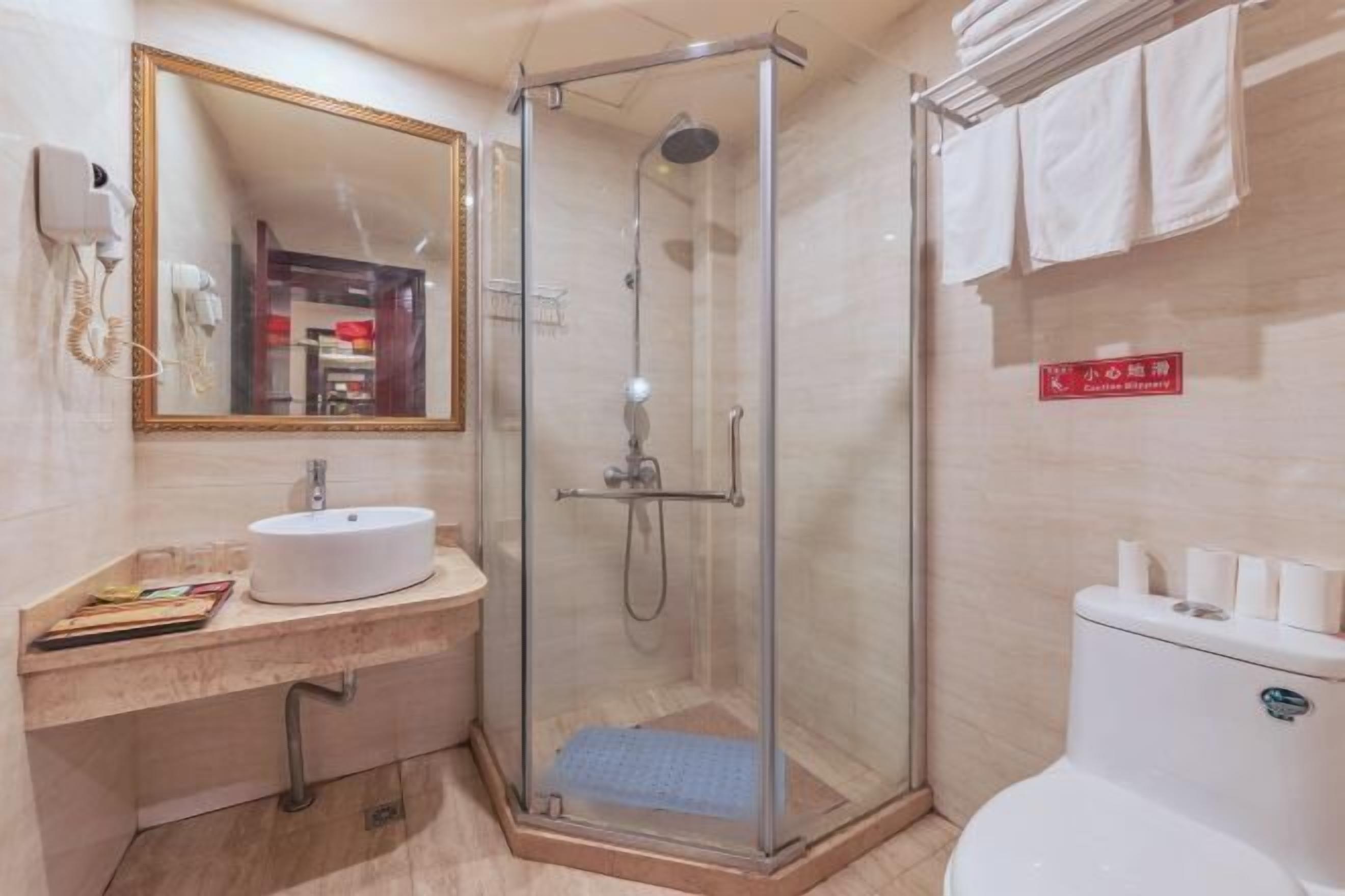 Un baño con ducha compartimentada con vidrio, un lavamanos con espejo y un inodoro.