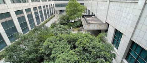 A multi-story building with a central courtyard featuring a large tree and various shrubs.