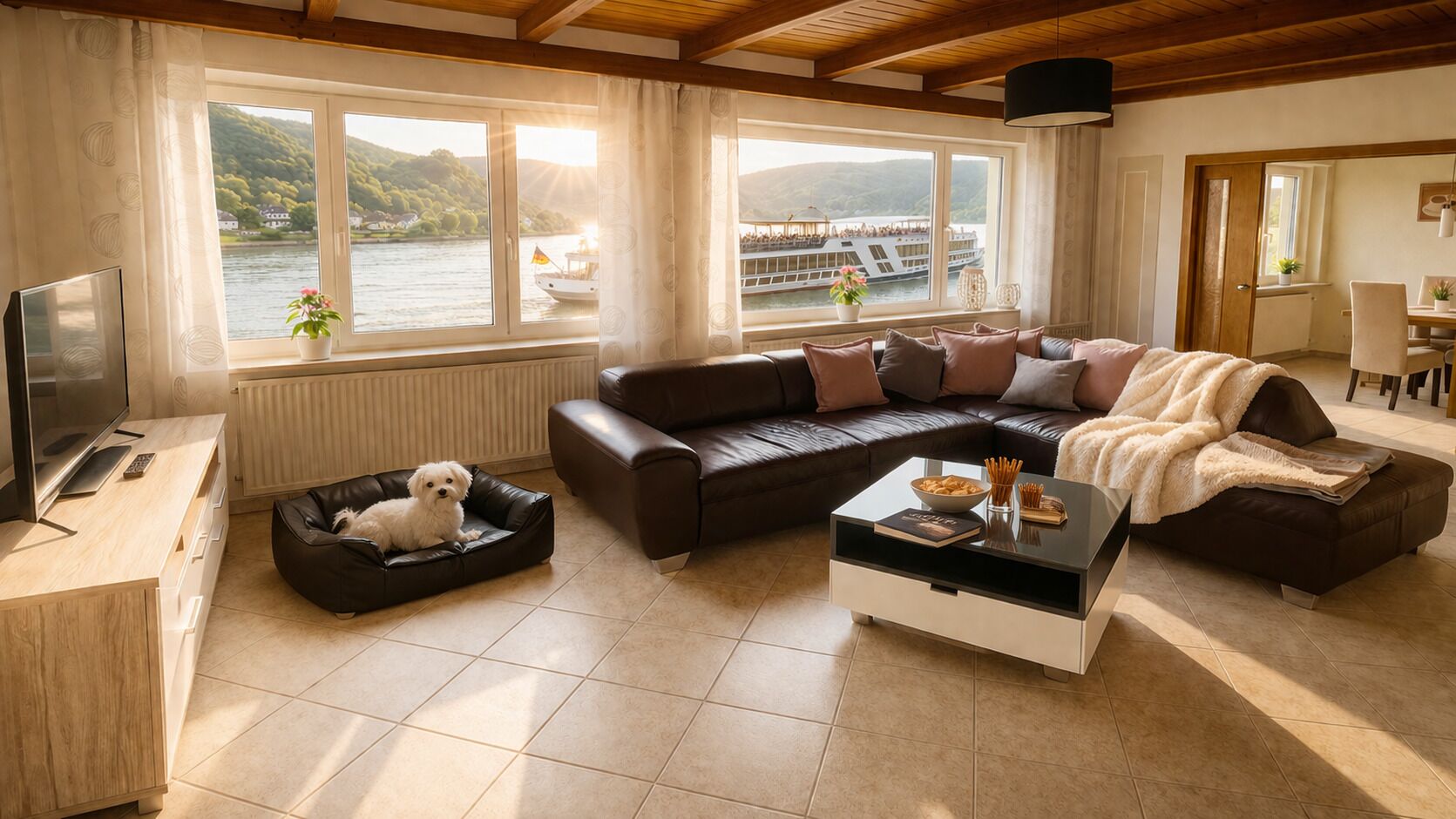 A living room with a sofa, a dog bed, a coffee table, and a TV.