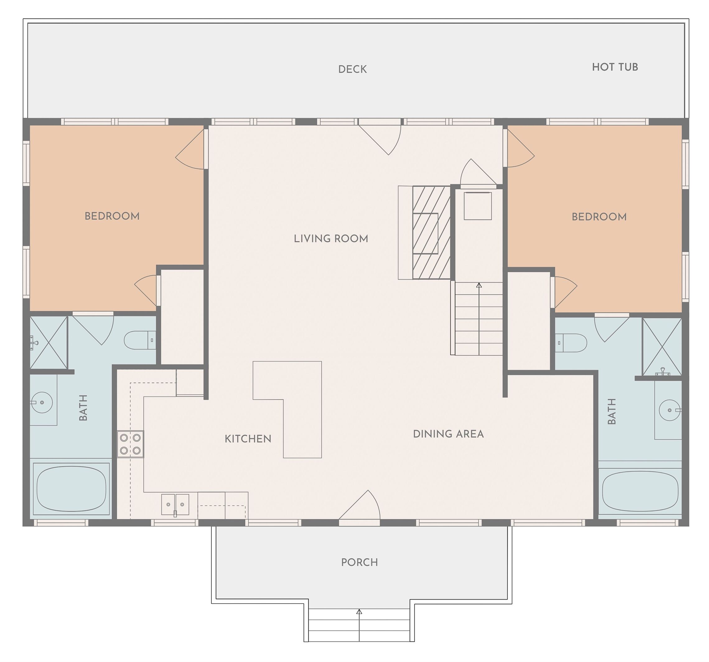 A floor plan of a hotel with two bedrooms, a living room, a kitchen, a dining area, a bathroom, a porch, and a hot tub.