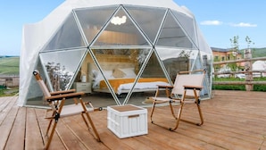 Estructura en forma de cúpula geodésica con una cama y zona de estar visibles a través de sus paredes transparentes.