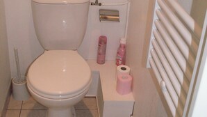 A small bathroom with a toilet, a toilet paper holder, and a hand dryer. - A 10 Minutes des Thermes et des Remontées, Appartement Classé 2 Étoiles (Cauterets)