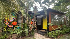 Ein Haus mit einem farbenfrohen Wandgemälde, einer gelben Tür und einem Garten mit verschiedenen Pflanzen.