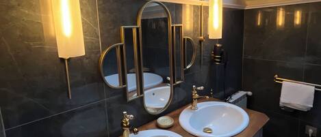 Hair dryer, towels, soap, shampoo