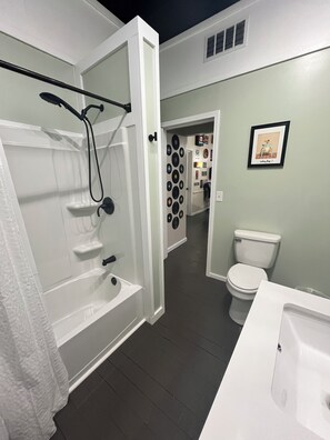 Hair dryer, towels, soap, shampoo