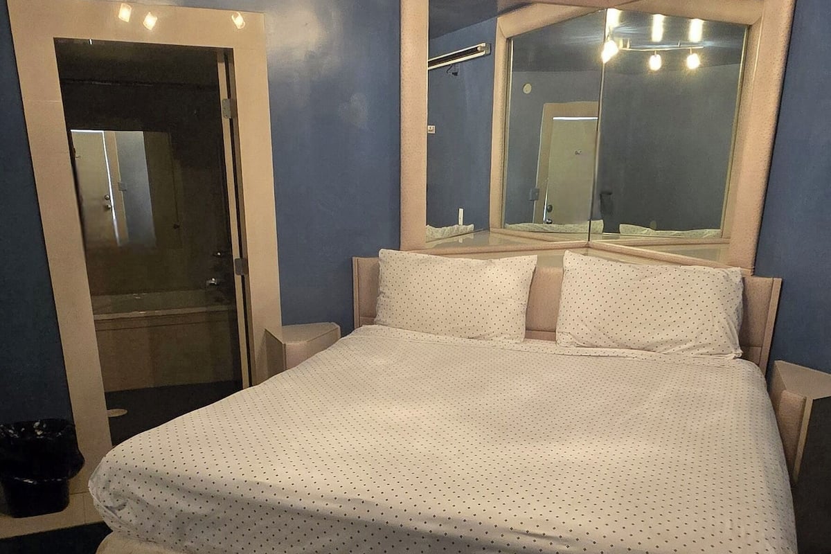 Un dormitorio con una cama grande, un espejo y una lámpara en el techo.