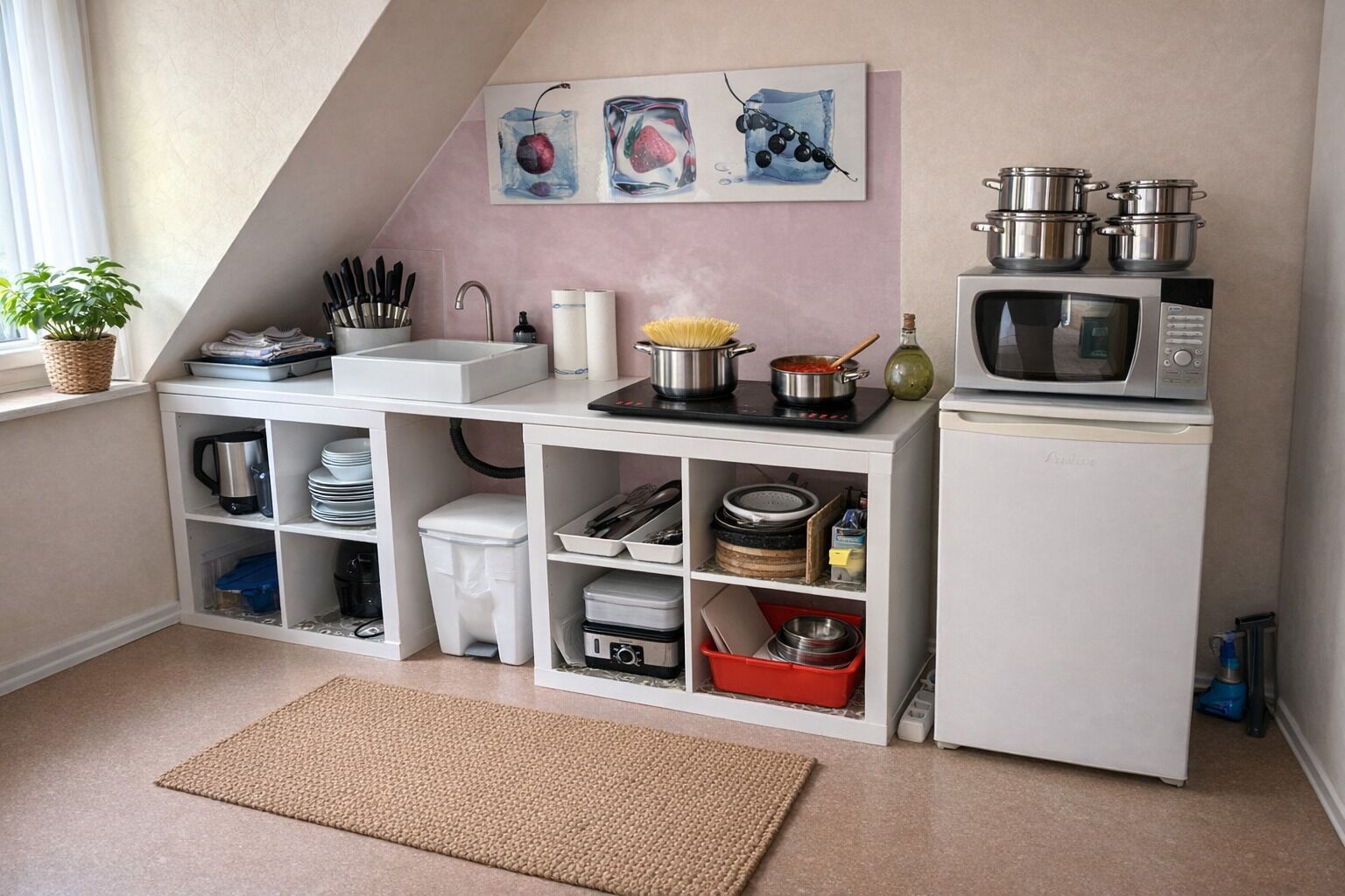 Fridge, microwave, stovetop, coffee/tea maker