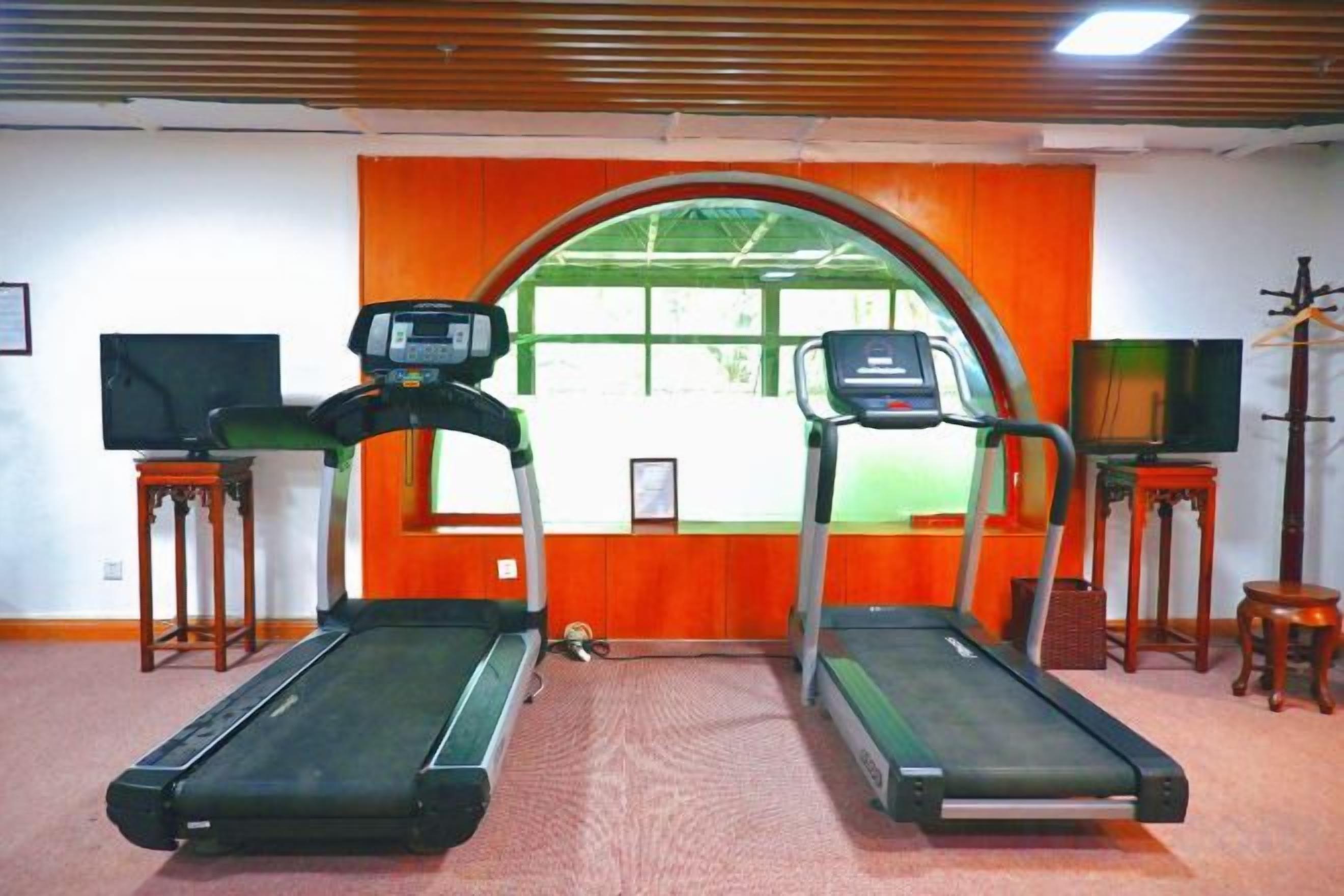 Una habitación con dos cintas de correr, un televisor sobre un pedestal y una ventana con marco anaranjado.