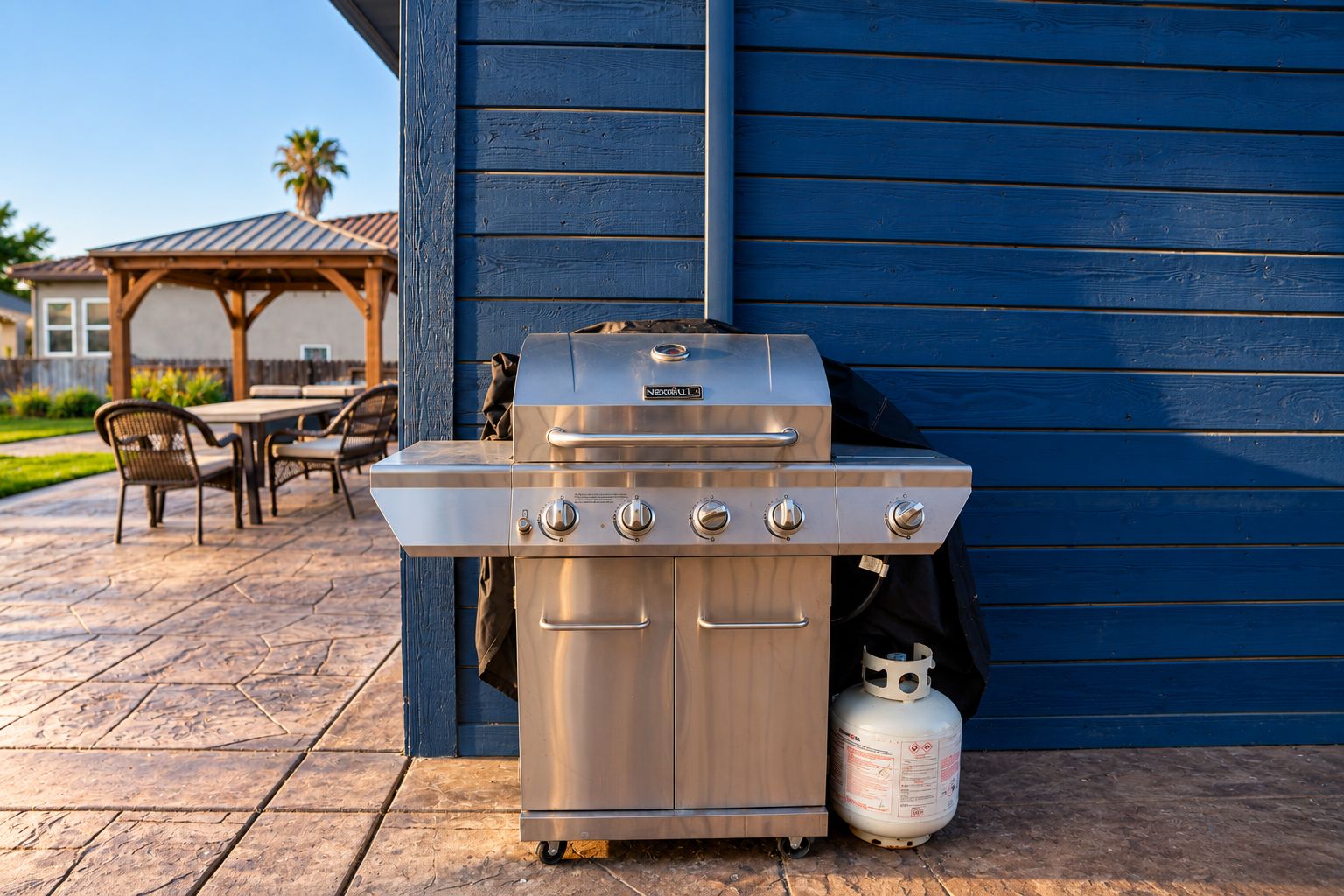 Una parrilla de acero inoxidable con cuatro quemadores, un tanque de gas y una mesa de madera con sillas al fondo.