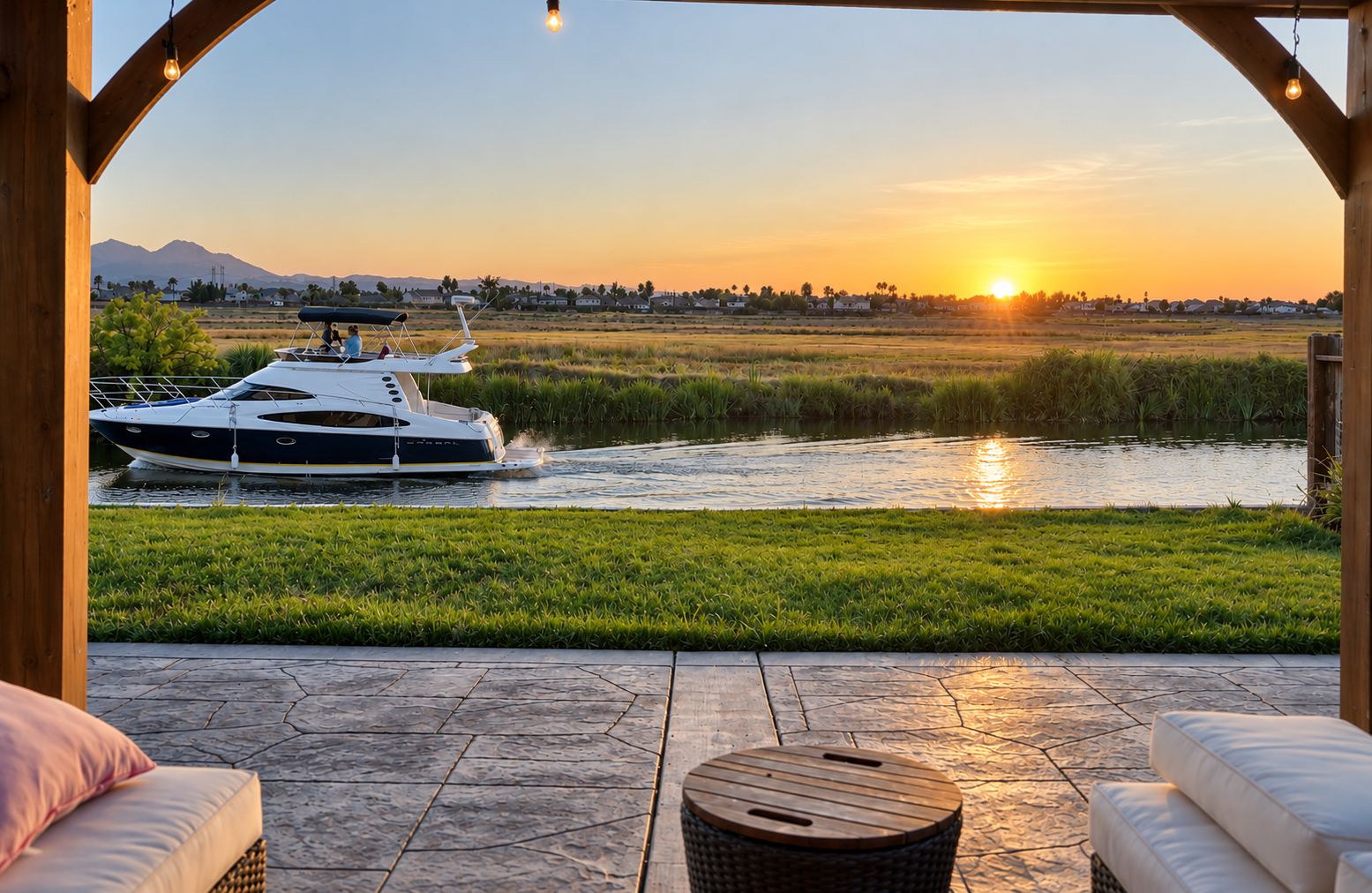 Een boot op een rivier met een zonsondergang op de achtergrond.
