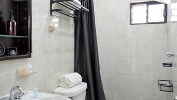 Shower, hair dryer, shampoo