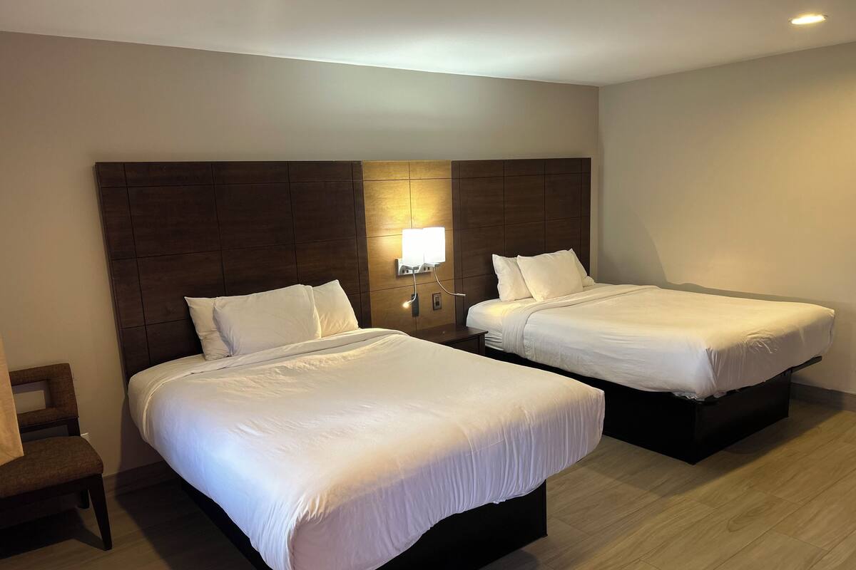 Una habitación de hotel con dos camas, una mesita de noche, una lámpara y una silla.