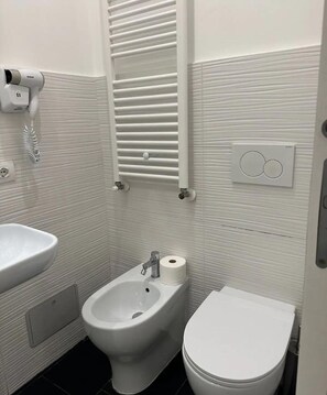 Secadora de cabello, toallas, jabón, papel de baño 