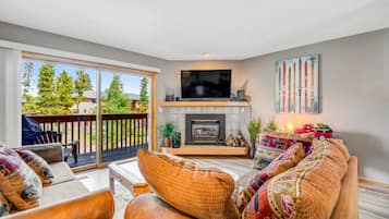 Smart TV, fireplace, books