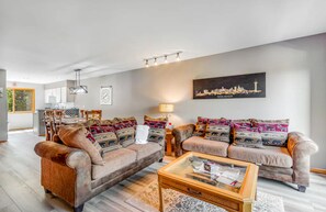 Smart TV, fireplace, books
