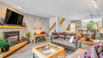 Smart TV, chimenea y libros