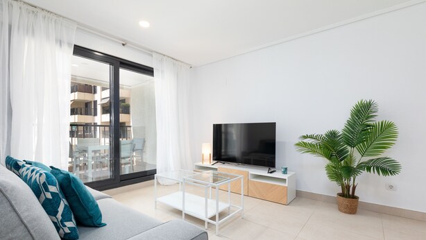 Een moderne woonkamer met een grijze bank, een witte salontafel, een flatscreen televisie en een potplant.
