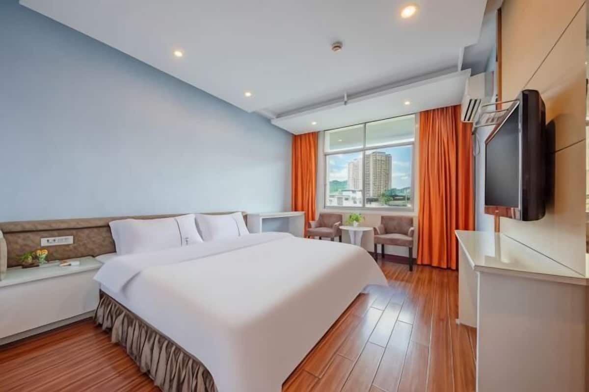 Habitación de hotel con una cama grande, un escritorio, un televisor y vista a la ciudad.