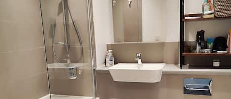 Hair dryer, towels, soap, toilet paper