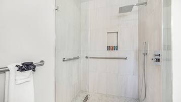 Shower, towels, soap, shampoo